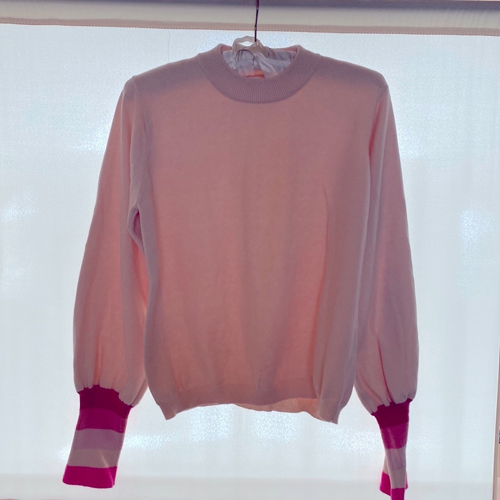 WISPR BY BRODIE CASHMERE Size L Pink Stripe Cuffs Crew Neck Cotton Silk Sweater